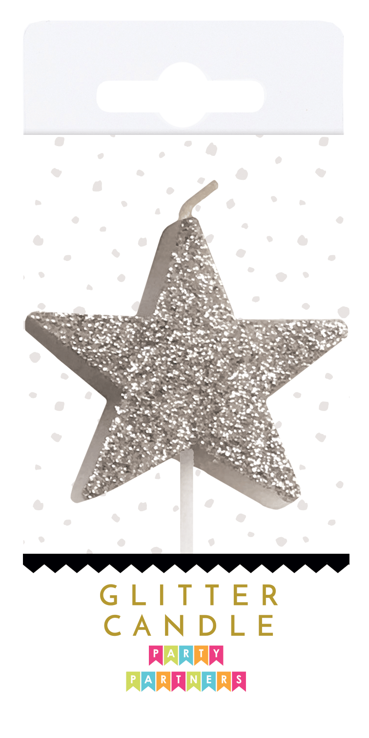 Silver Glitter Candle 3 by Party Partners, decorative candle with shimmering silver glitter finish for celebrations.